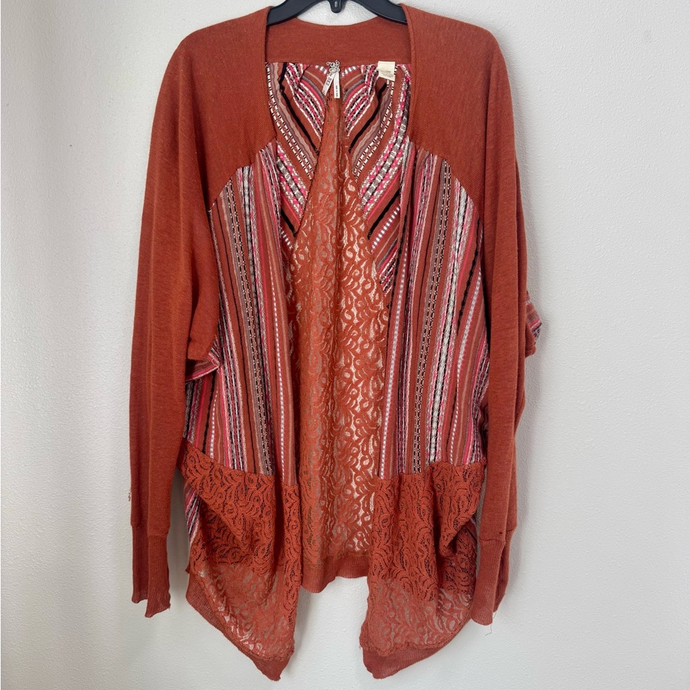 BKE Rust Cardigan with Lace and Asymmetrical Hem - Long Sleeves